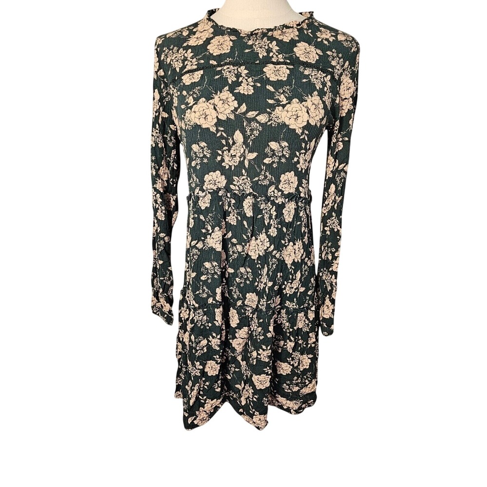 Knox Rose Floral Long Sleeve Mini‎ Dress Green Cream Boho Tiered Crinkle Gauze S